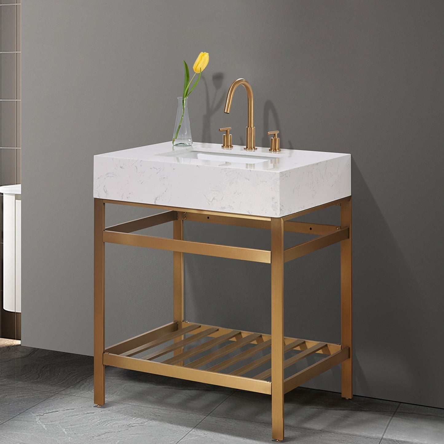 Merano 30" Single Stainless Steel Vanity Console in Brushed Gold with Aosta White Stone Countertop without Mirror