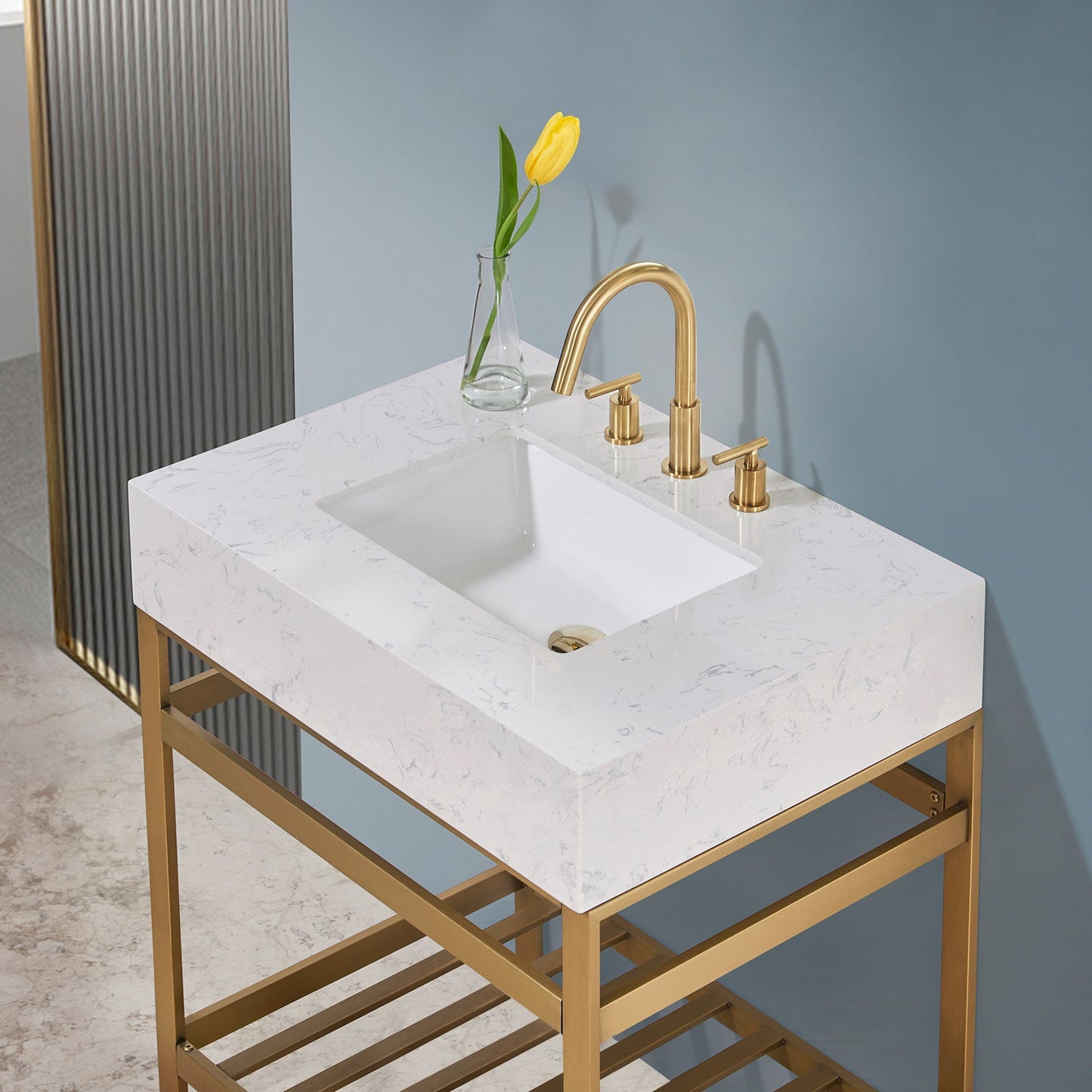 Merano 30" Single Stainless Steel Vanity Console in Brushed Gold with Aosta White Stone Countertop without Mirror