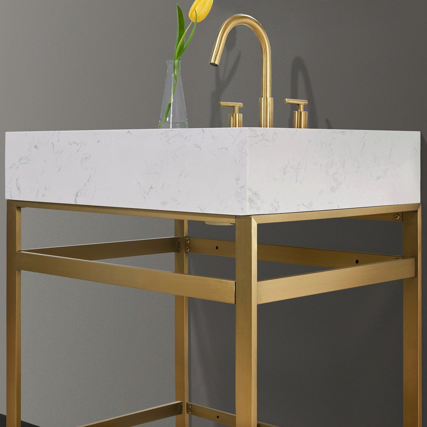 Merano 30" Single Stainless Steel Vanity Console in Brushed Gold with Aosta White Stone Countertop without Mirror