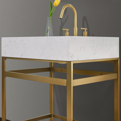 Merano 30" Single Stainless Steel Vanity Console in Brushed Gold with Aosta White Stone Countertop without Mirror