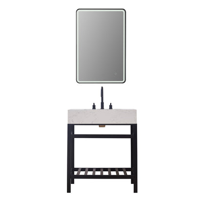 Merano 30" Single Stainless Steel Vanity Console in Matt Black with Aosta White Stone Countertop without Mirror