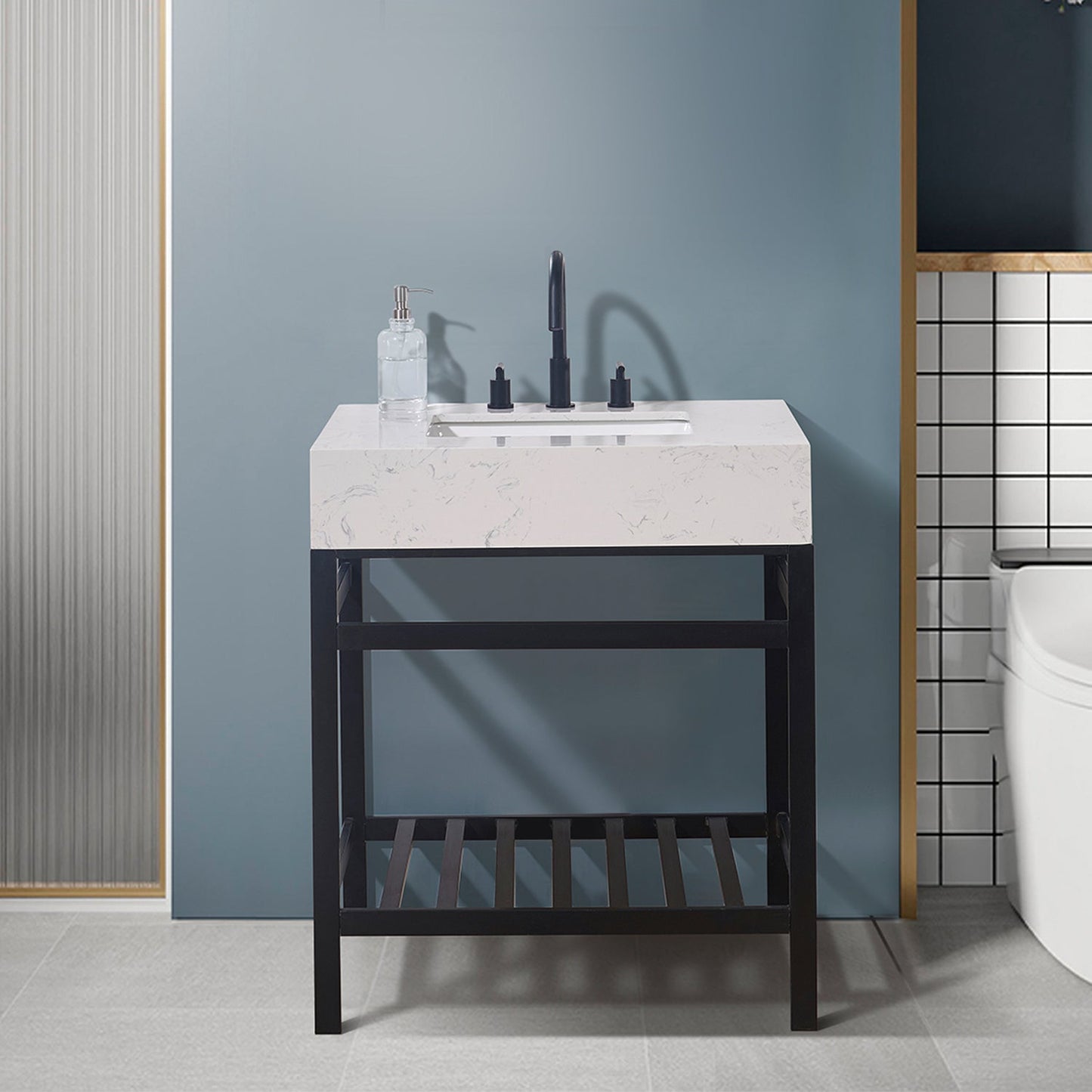 Merano 30" Single Stainless Steel Vanity Console in Matt Black with Aosta White Stone Countertop without Mirror