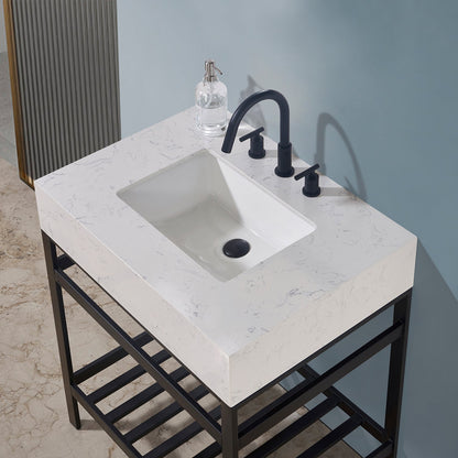 Merano 30" Single Stainless Steel Vanity Console in Matt Black with Aosta White Stone Countertop without Mirror
