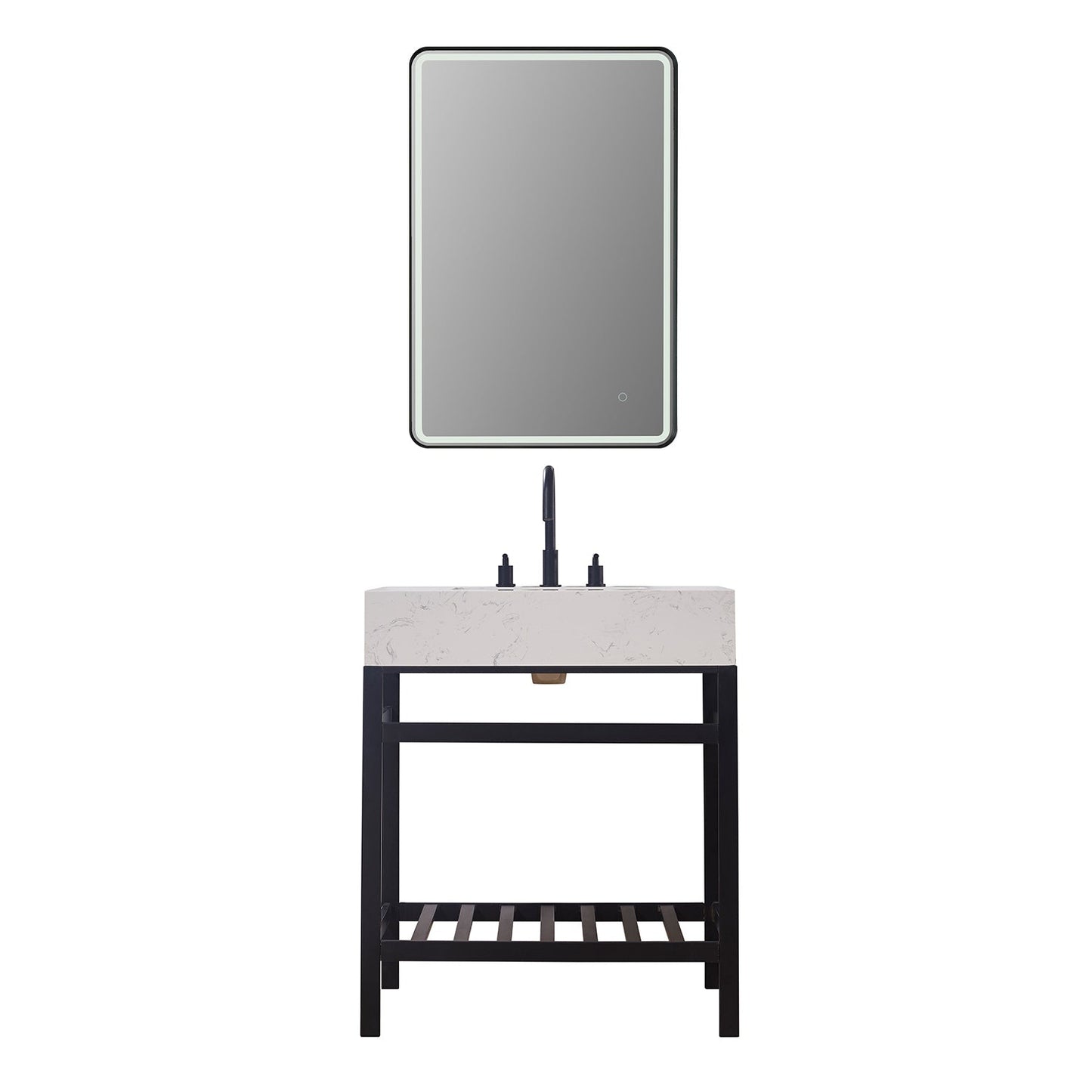 Merano 30" Single Stainless Steel Vanity Console in Matt Black with Aosta White Stone Countertop and Mirror