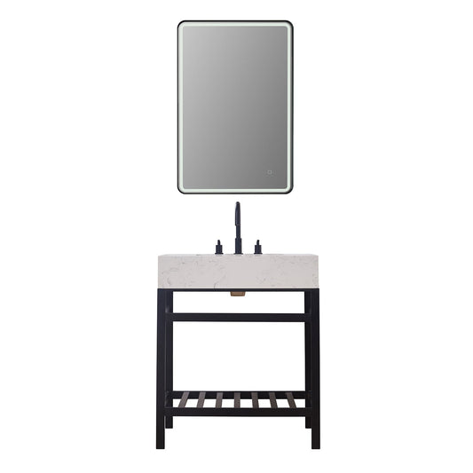 Merano 30" Single Stainless Steel Vanity Console in Matt Black with Aosta White Stone Countertop and Mirror