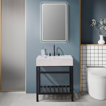 Merano 30" Single Stainless Steel Vanity Console in Matt Black with Aosta White Stone Countertop and Mirror
