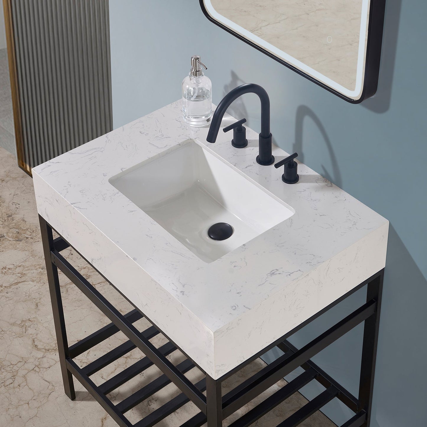 Merano 30" Single Stainless Steel Vanity Console in Matt Black with Aosta White Stone Countertop and Mirror