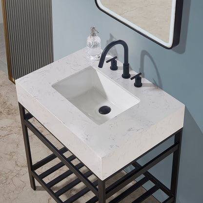 Merano 30" Single Stainless Steel Vanity Console in Matt Black with Aosta White Stone Countertop and Mirror