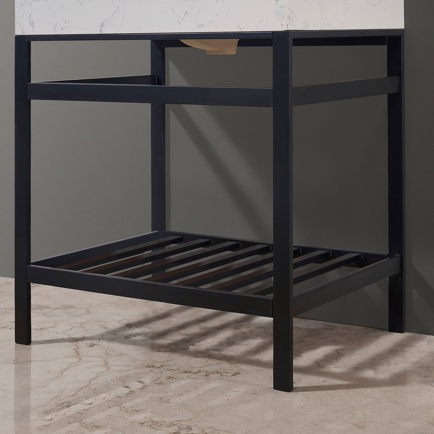 Merano 30" Single Stainless Steel Vanity Console in Matt Black with Aosta White Stone Countertop and Mirror