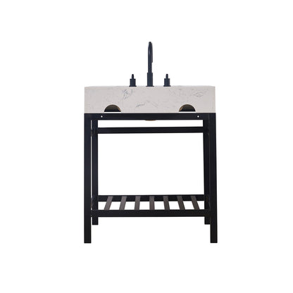 Merano 30" Single Stainless Steel Vanity Console in Matt Black with Aosta White Stone Countertop and Mirror