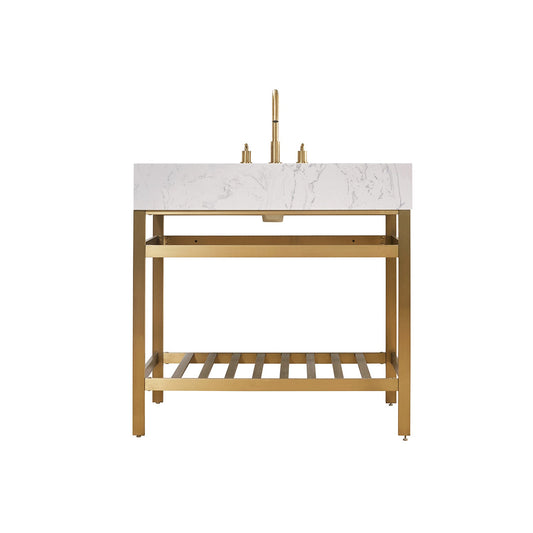 Merano 36" Single Stainless Steel Vanity Console in Brushed Gold with Aosta White Stone Countertop without Mirror