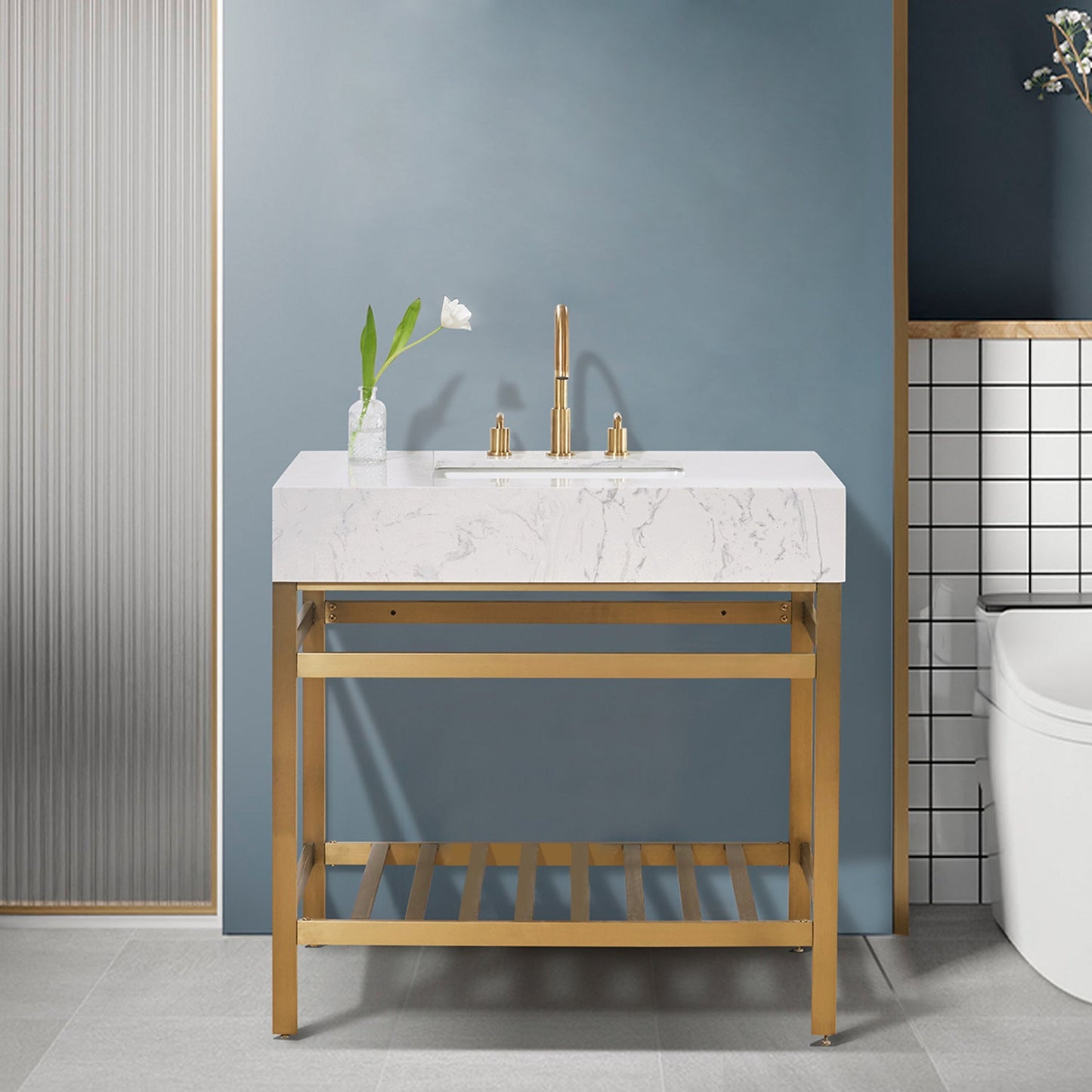 Merano 36" Single Stainless Steel Vanity Console in Brushed Gold with Aosta White Stone Countertop without Mirror