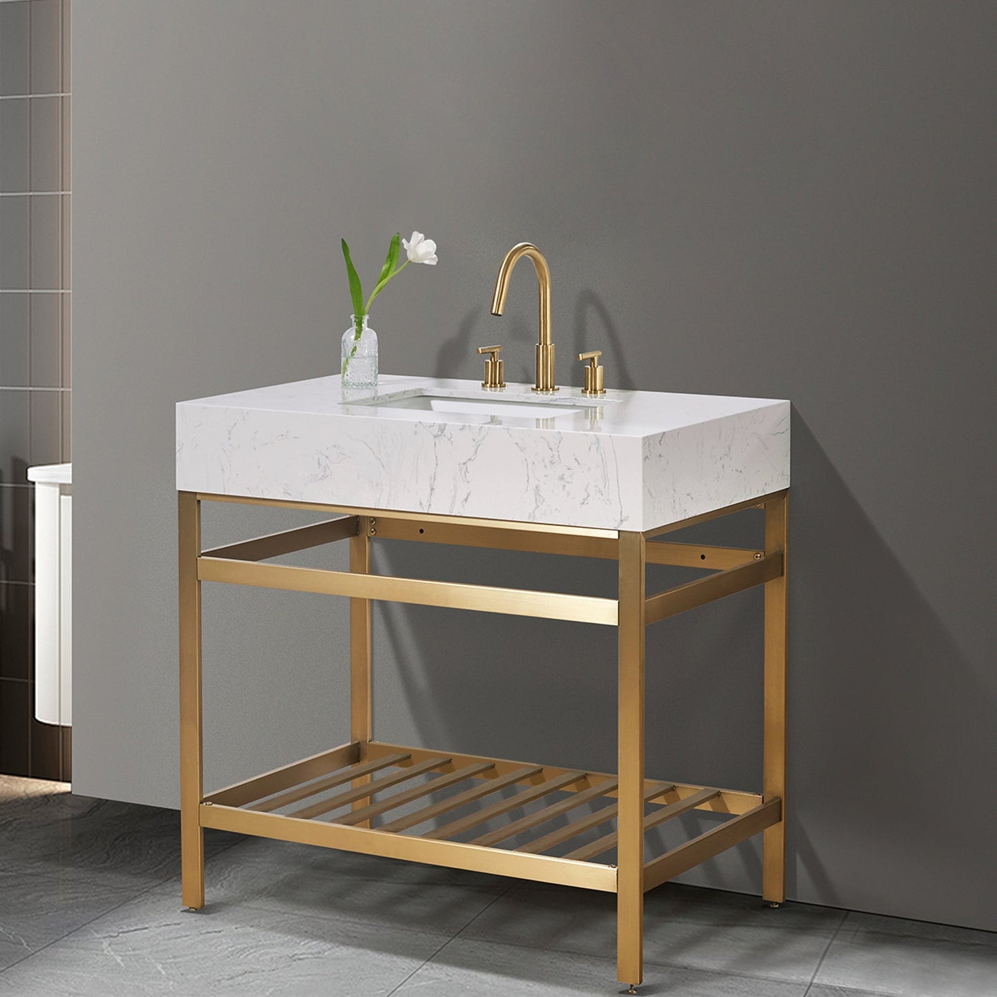 Merano 36" Single Stainless Steel Vanity Console in Brushed Gold with Aosta White Stone Countertop without Mirror