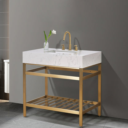 Merano 36" Single Stainless Steel Vanity Console in Brushed Gold with Aosta White Stone Countertop without Mirror