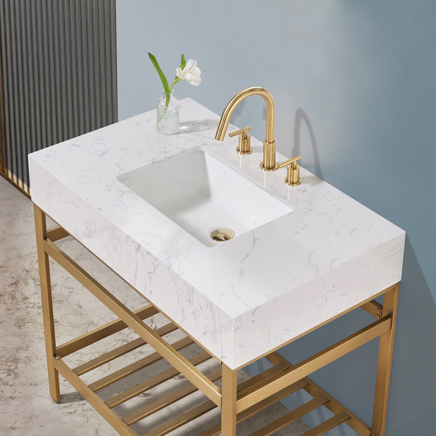 Merano 36" Single Stainless Steel Vanity Console in Brushed Gold with Aosta White Stone Countertop without Mirror