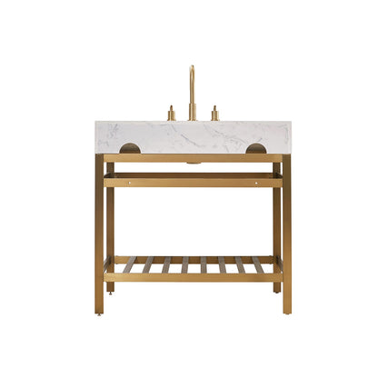 Merano 36" Single Stainless Steel Vanity Console in Brushed Gold with Aosta White Stone Countertop without Mirror