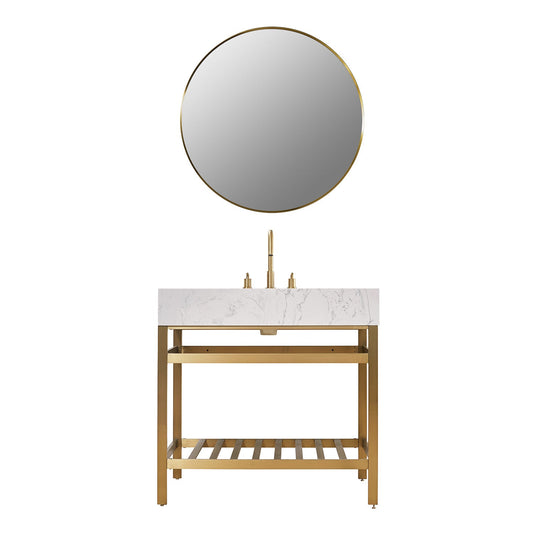 Merano 36" Single Stainless Steel Vanity Console in Brushed Gold with Aosta White Stone Countertop and Mirror