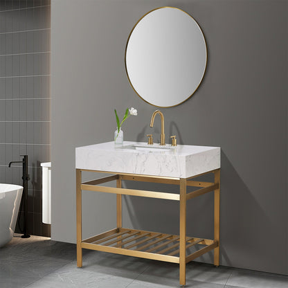 Merano 36" Single Stainless Steel Vanity Console in Brushed Gold with Aosta White Stone Countertop and Mirror