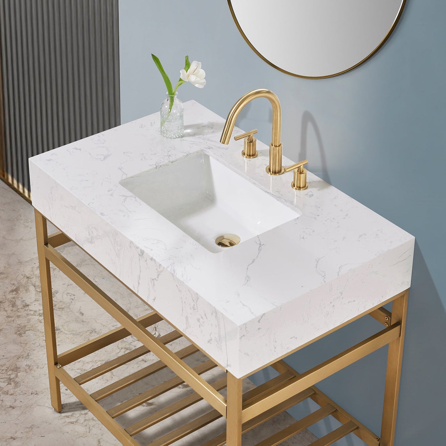 Merano 36" Single Stainless Steel Vanity Console in Brushed Gold with Aosta White Stone Countertop and Mirror