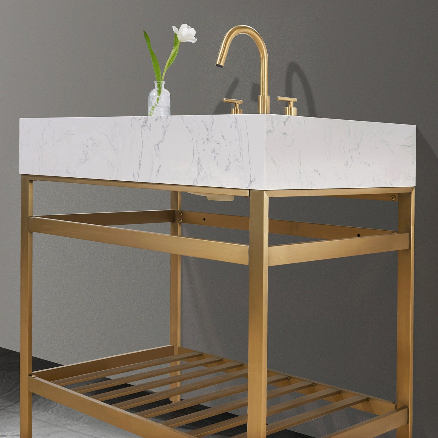 Merano 36" Single Stainless Steel Vanity Console in Brushed Gold with Aosta White Stone Countertop and Mirror