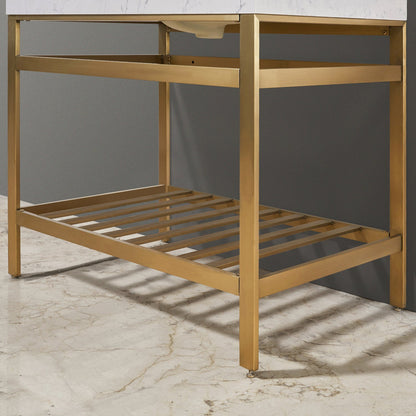 Merano 36" Single Stainless Steel Vanity Console in Brushed Gold with Aosta White Stone Countertop and Mirror