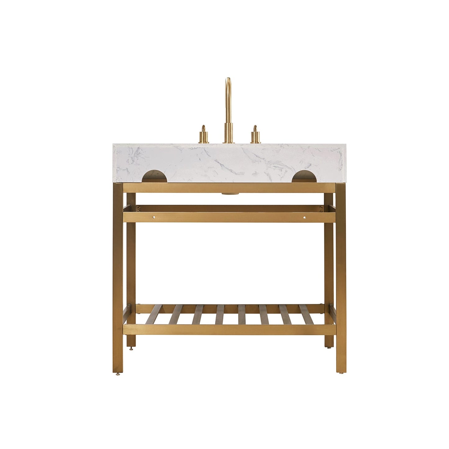Merano 36" Single Stainless Steel Vanity Console in Brushed Gold with Aosta White Stone Countertop and Mirror