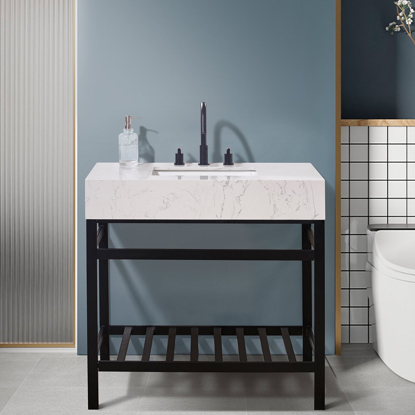 Merano 36" Single Stainless Steel Vanity Console in Matt Black with Aosta White Stone Countertop without Mirror