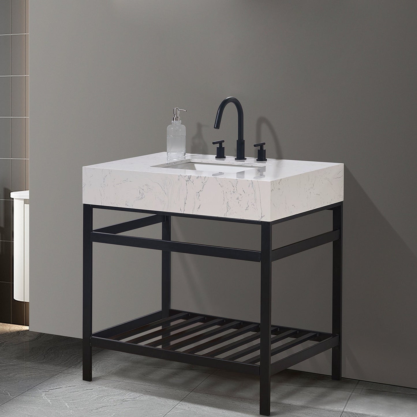 Merano 36" Single Stainless Steel Vanity Console in Matt Black with Aosta White Stone Countertop without Mirror