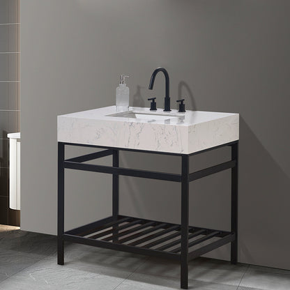 Merano 36" Single Stainless Steel Vanity Console in Matt Black with Aosta White Stone Countertop without Mirror