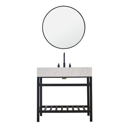 Merano 36" Single Stainless Steel Vanity Console in Matt Black with Aosta White Stone Countertop and Mirror