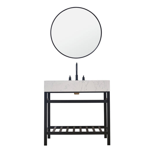 Merano 36" Single Stainless Steel Vanity Console in Matt Black with Aosta White Stone Countertop and Mirror