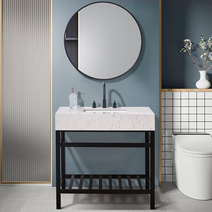 Merano 36" Single Stainless Steel Vanity Console in Matt Black with Aosta White Stone Countertop and Mirror