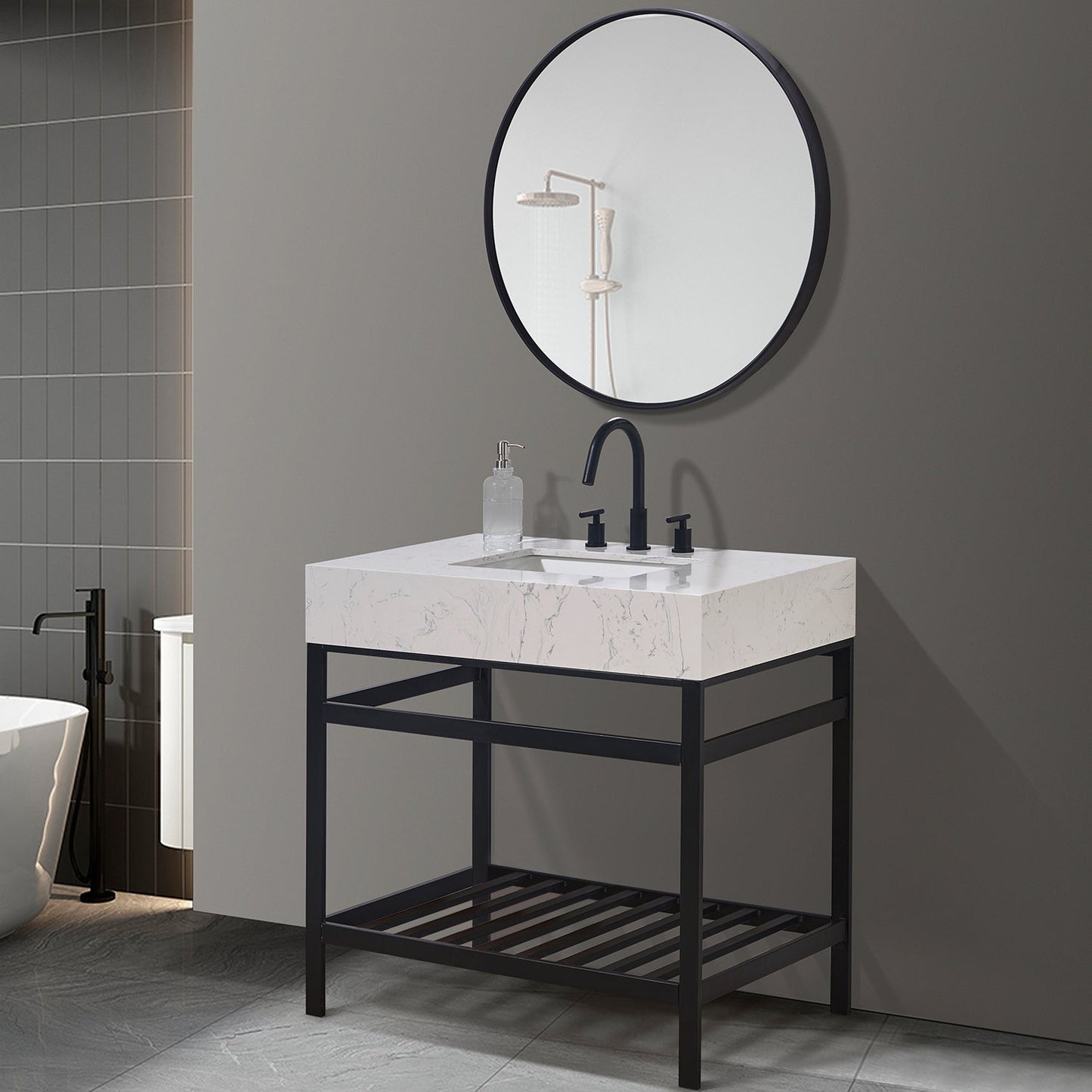 Merano 36" Single Stainless Steel Vanity Console in Matt Black with Aosta White Stone Countertop and Mirror