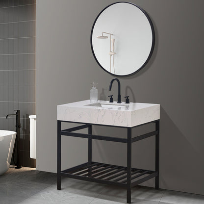 Merano 36" Single Stainless Steel Vanity Console in Matt Black with Aosta White Stone Countertop and Mirror