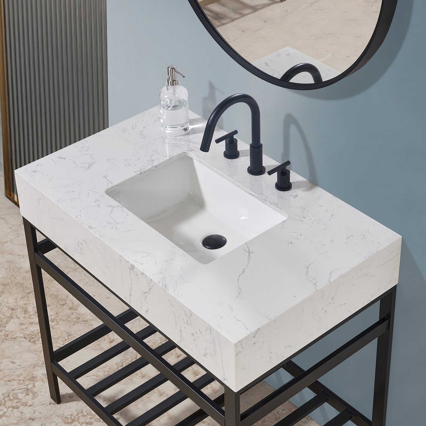 Merano 36" Single Stainless Steel Vanity Console in Matt Black with Aosta White Stone Countertop and Mirror