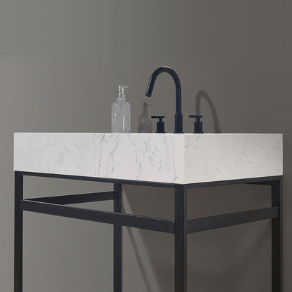 Merano 36" Single Stainless Steel Vanity Console in Matt Black with Aosta White Stone Countertop and Mirror