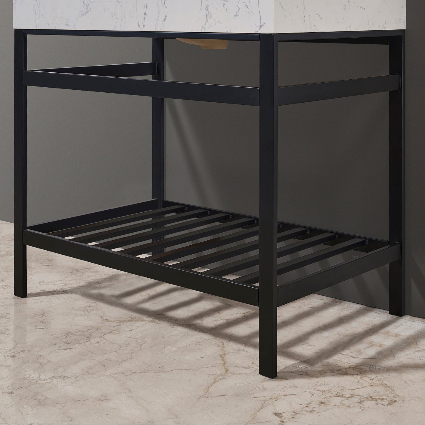Merano 36" Single Stainless Steel Vanity Console in Matt Black with Aosta White Stone Countertop and Mirror