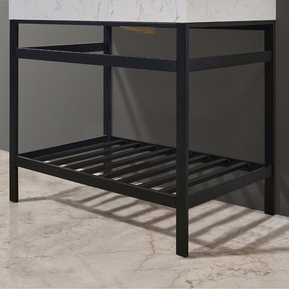 Merano 36" Single Stainless Steel Vanity Console in Matt Black with Aosta White Stone Countertop and Mirror