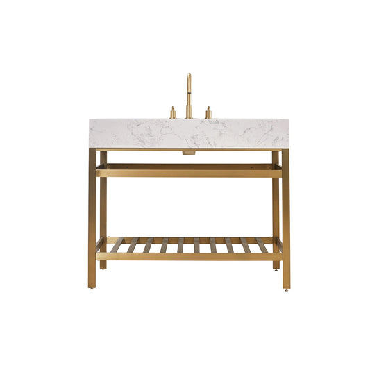 Merano 42" Single Stainless Steel Vanity Console in Brushed Gold with Aosta White Stone Countertop without Mirror