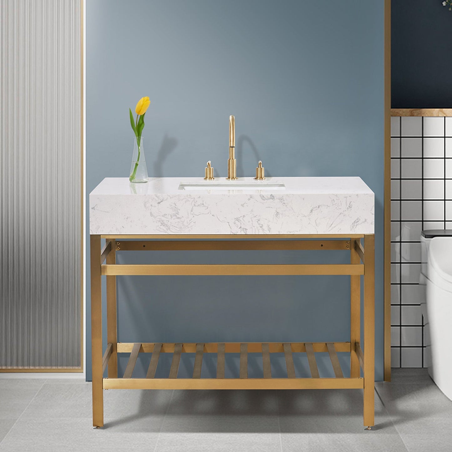 Merano 42" Single Stainless Steel Vanity Console in Brushed Gold with Aosta White Stone Countertop without Mirror