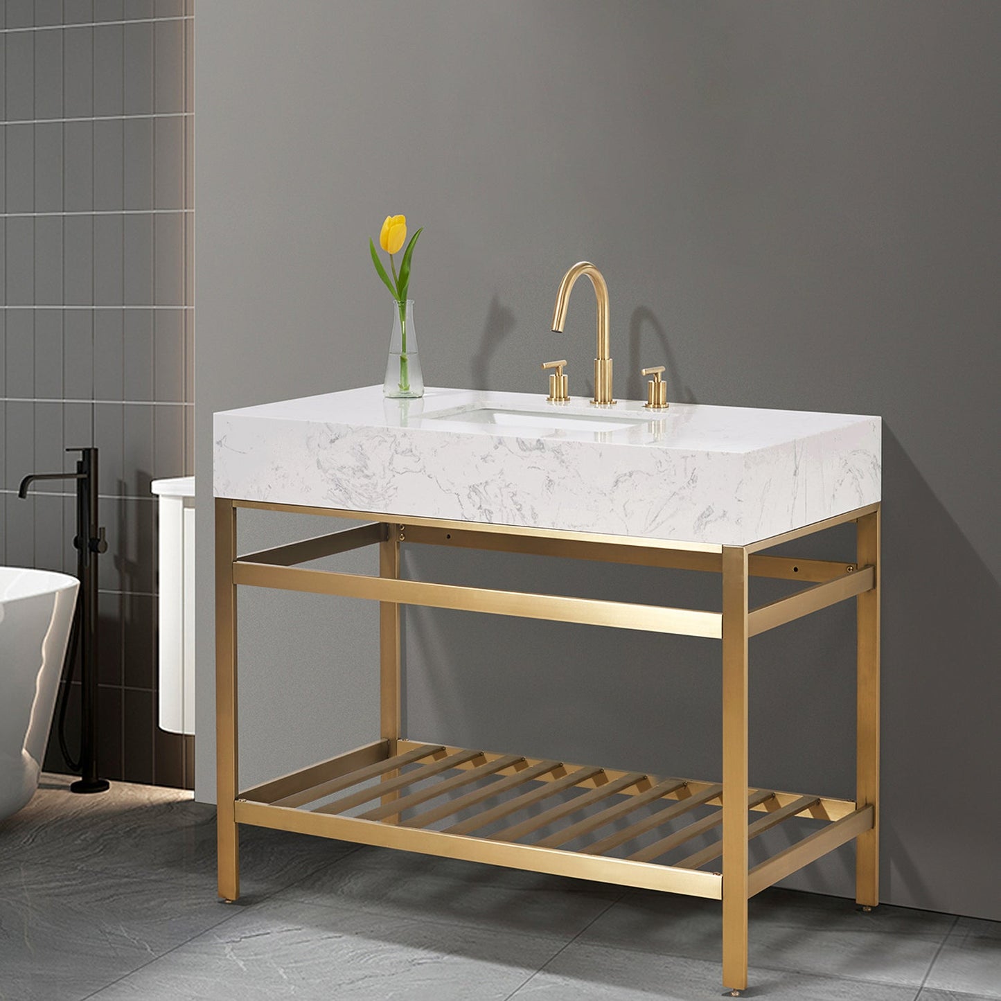 Merano 42" Single Stainless Steel Vanity Console in Brushed Gold with Aosta White Stone Countertop without Mirror
