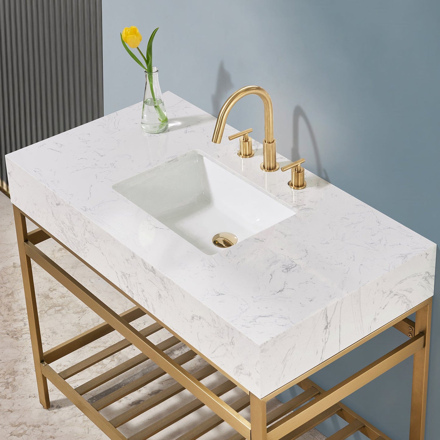 Merano 42" Single Stainless Steel Vanity Console in Brushed Gold with Aosta White Stone Countertop without Mirror