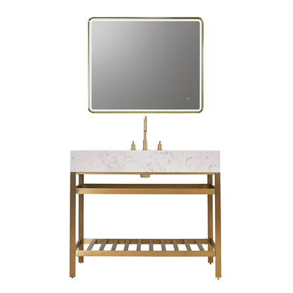 Merano 42" Single Stainless Steel Vanity Console in Brushed Gold with Aosta White Stone Countertop and Mirror