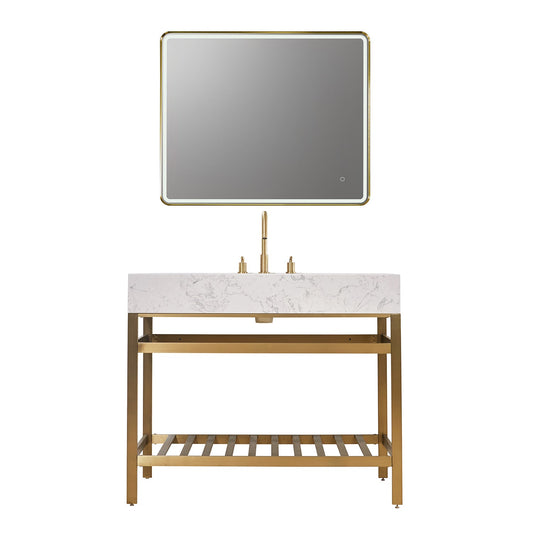 Merano 42" Single Stainless Steel Vanity Console in Brushed Gold with Aosta White Stone Countertop and Mirror
