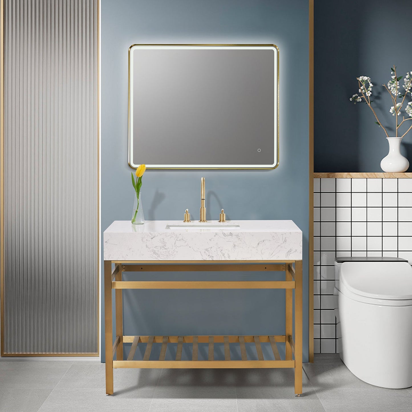 Merano 42" Single Stainless Steel Vanity Console in Brushed Gold with Aosta White Stone Countertop and Mirror