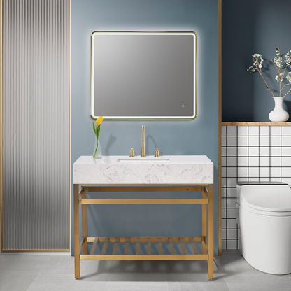 Merano 42" Single Stainless Steel Vanity Console in Brushed Gold with Aosta White Stone Countertop and Mirror