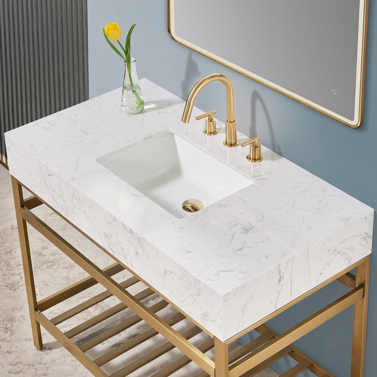 Merano 42" Single Stainless Steel Vanity Console in Brushed Gold with Aosta White Stone Countertop and Mirror