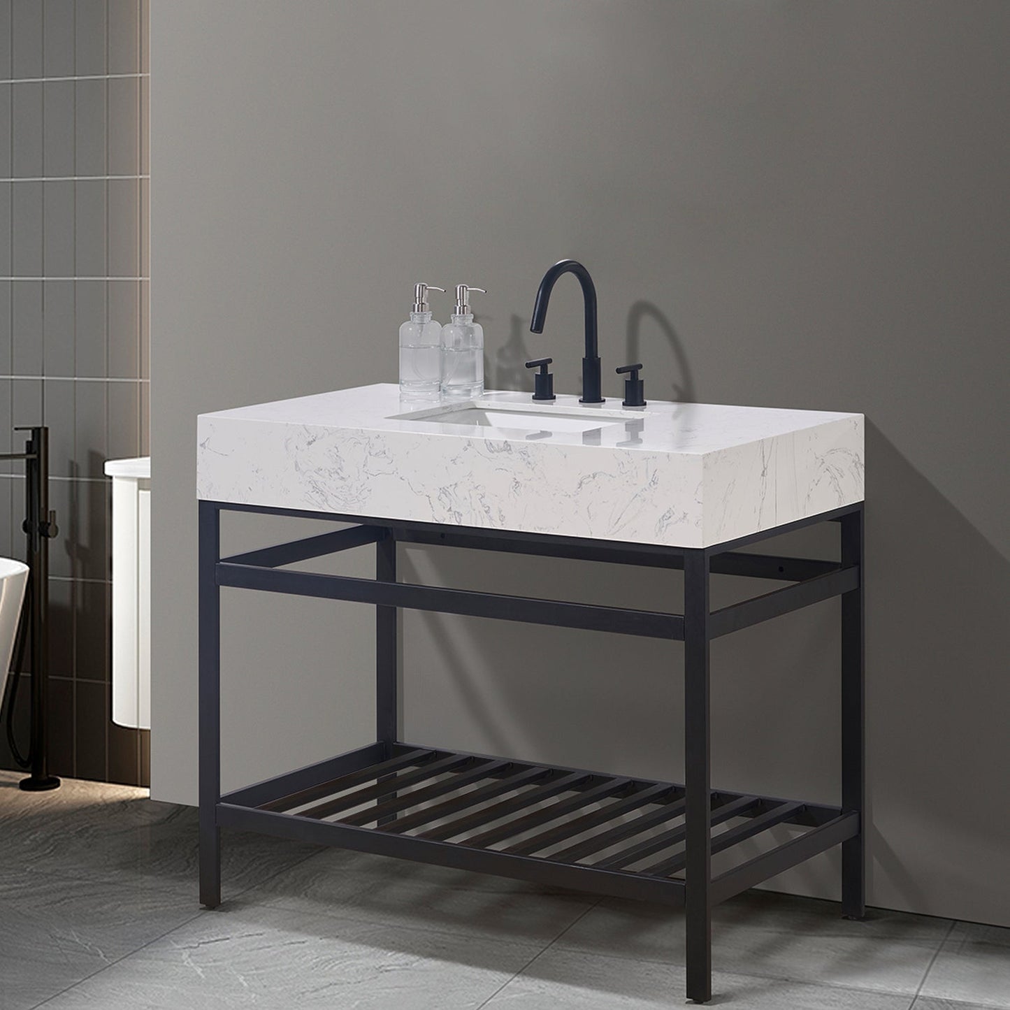 Merano 42" Single Stainless Steel Vanity Console in Matt Black with Aosta White Stone Countertop without Mirror