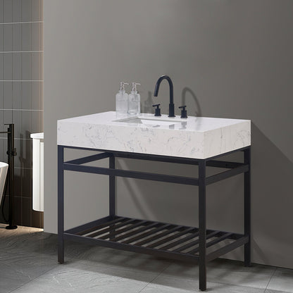 Merano 42" Single Stainless Steel Vanity Console in Matt Black with Aosta White Stone Countertop without Mirror