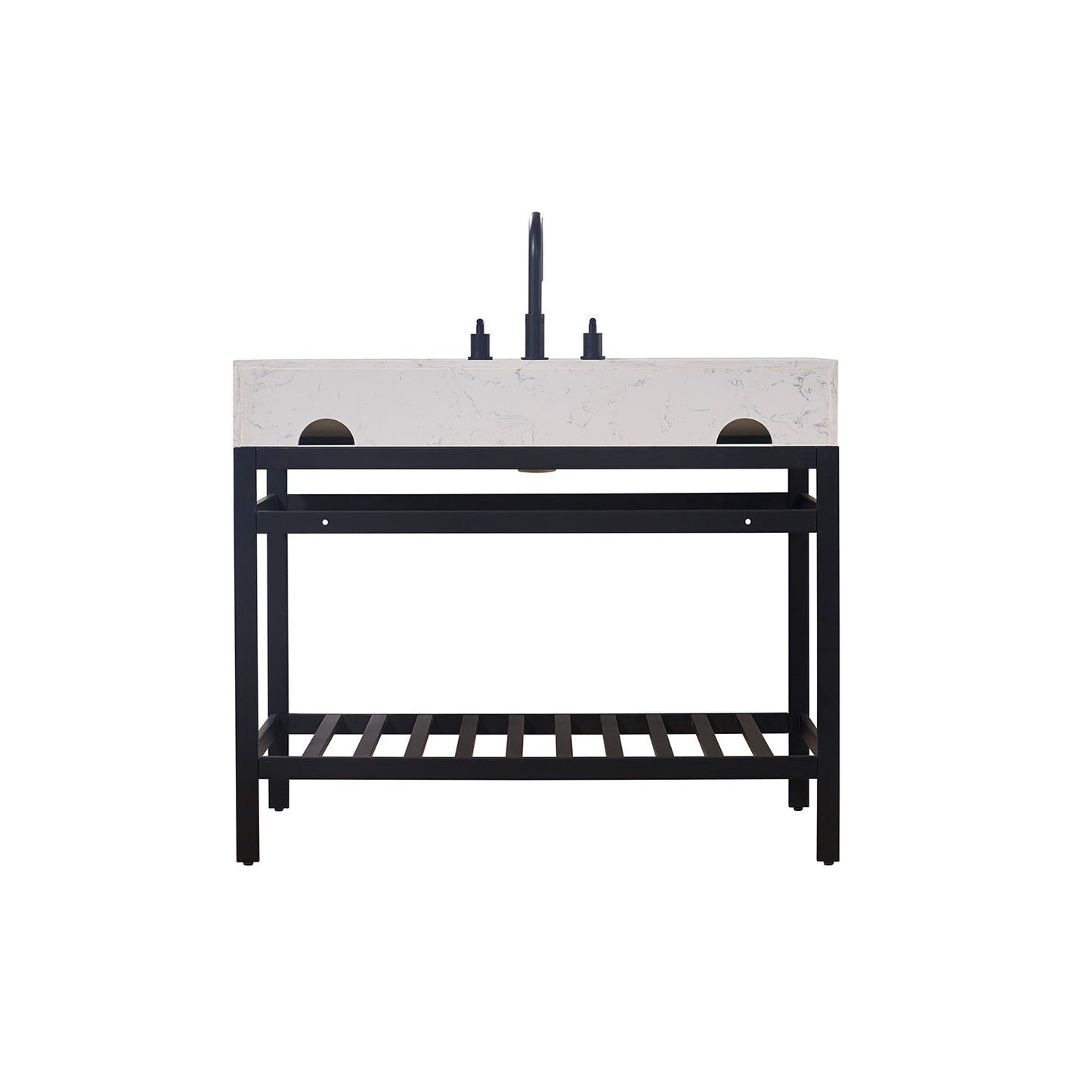 Merano 42" Single Stainless Steel Vanity Console in Matt Black with Aosta White Stone Countertop without Mirror